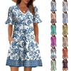 Women A Line Sun Dress Short Sleeve V Neck Printed Dress With Pockets