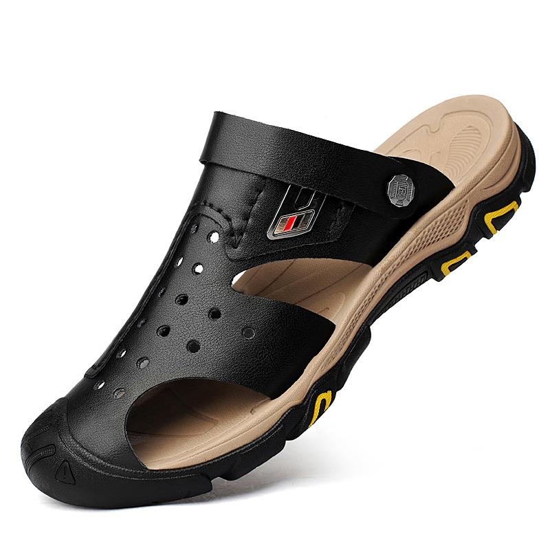 

Мужская повседневная обувь, летние пляжные сандалии из натуральной кожи, дизайнерские нескользящие дышащие мужские тапочки, мокасины 44 чёрный