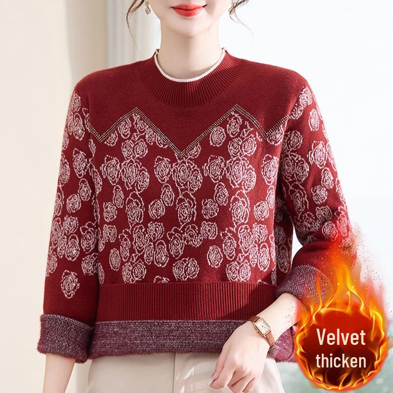 

Mom s Velvet-Lined Knit Sweater - Half-High Collar, Warm Base Layer for Middle-Aged/Elderly Women, Perfect for Autumn & Winter 2XL (105-120 jin)