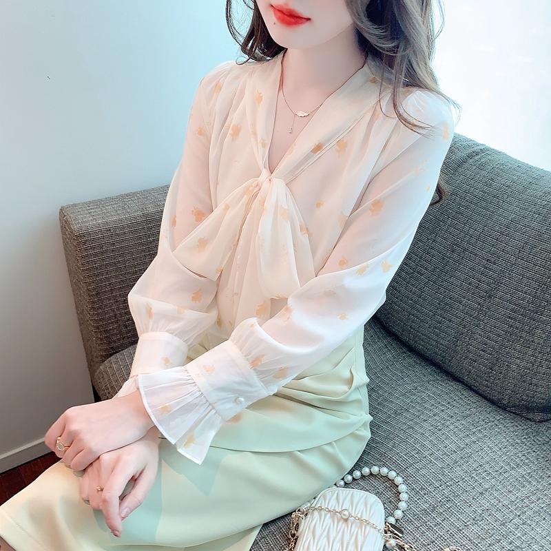 Fashion New 2024 Autumn Long Sleeve Bow Collar Casual Print Chiffon Blouse Shirt Women Tops Blouses Shirts J511