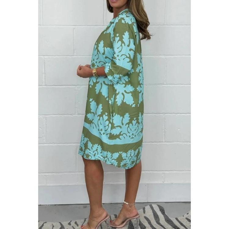 Women Floral Print Dress V Neck 3 4 Sleeve Midi Fall New Casual European American Style