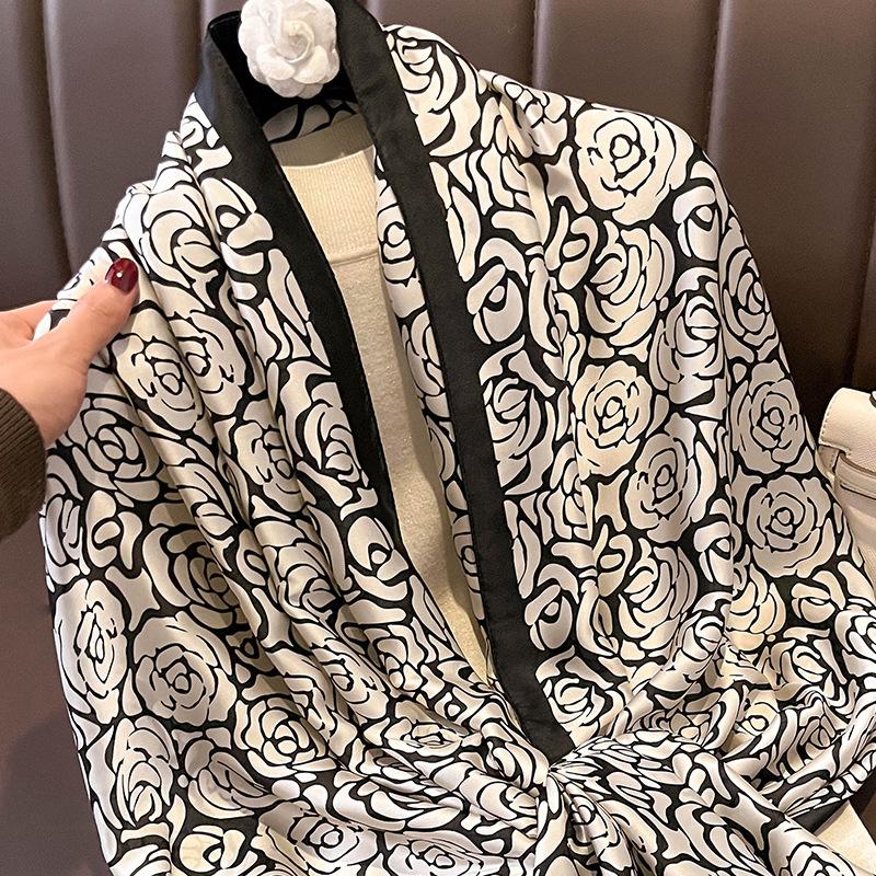 1 Pcs 90x180cm Black and White Camellia Small Fragrance Silk Scarf Women's All-match Scarf Shawl Large Gauze Towel Hijab
