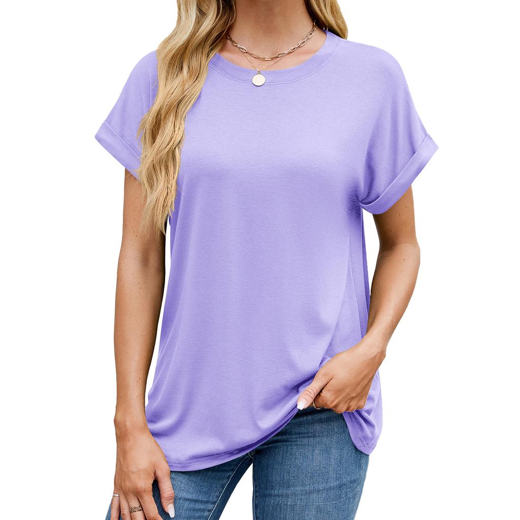 Ladies Spring and Summer New Solid Colour Round Neck Loose Short-sleeved T-shirt Tops