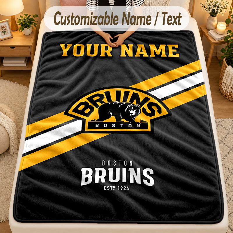 Flannel BlanketBoston Bruins Custom Name Text Personalized Soft Warm Throw Blanket Home Decor Gift