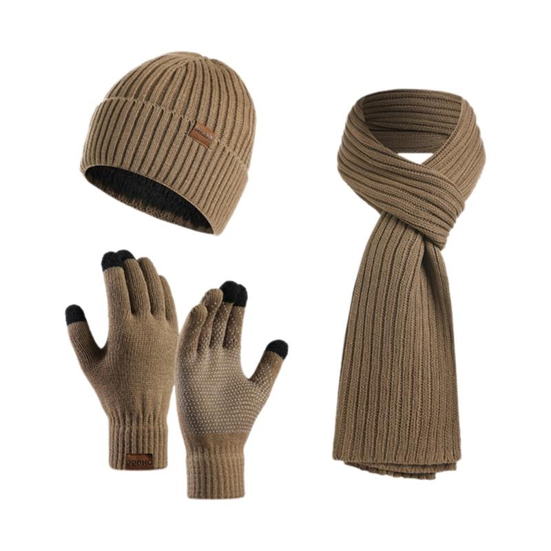 Unisex Custom Logo 3pcs Knitted Plain Polyester/Cotton Beanie Hat Scarf Gloves Set Long Warm Winter Clothing for Men Women