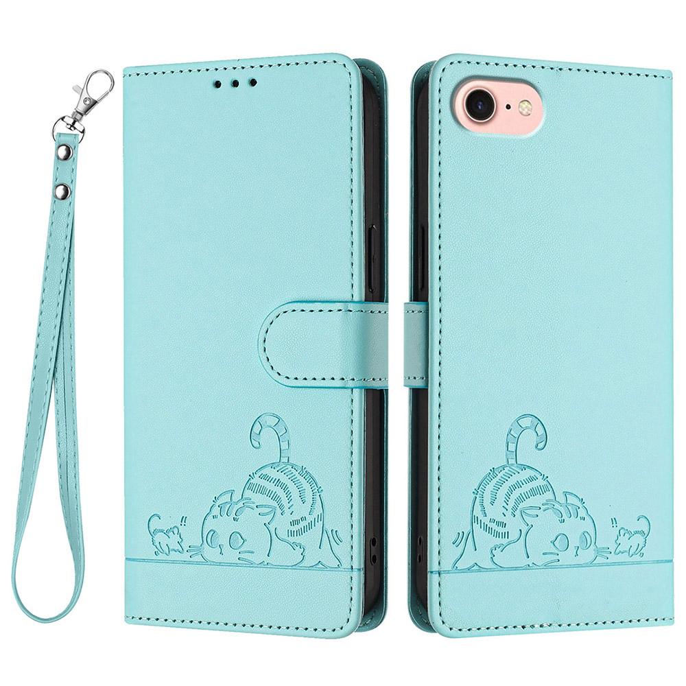 

Для iPhone SE (2020)/(2022)/7/8 Чехол с ремешком Блокировка RFID Кожаный кошелек Чехол для телефона Узор кошки и мыши Mint Green
