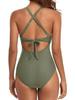 European American Color Block Spliced Cutout One-Piece Swimsuit with Adjustable Cross Tie-Up.