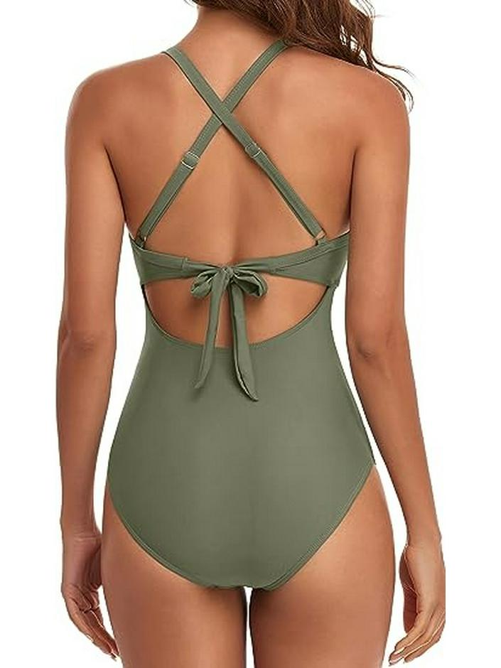 European American Color Block Spliced Cutout One-Piece Swimsuit with Adjustable Cross Tie-Up.