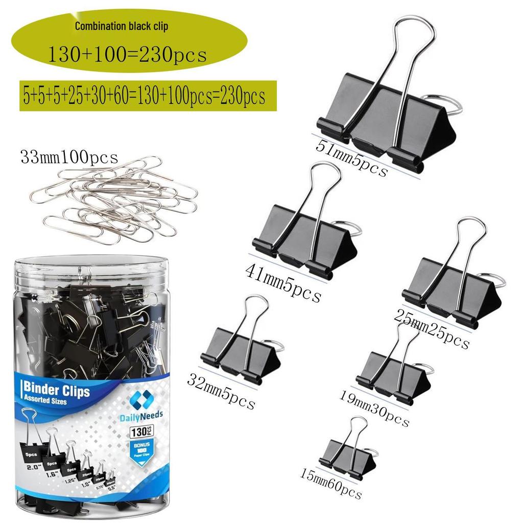 Multicolor Binder Clip Set: Long-tail, Black Metal Clips for Stationery & Paper