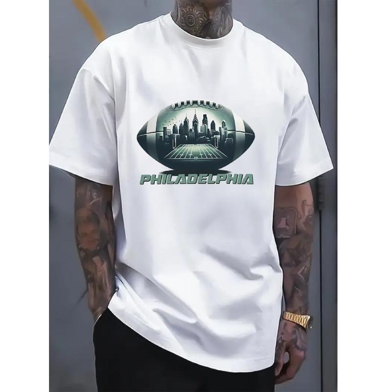 European sizes Men S Graphic Tee Featuring The Philadelphia Skyline And Liberty Bell - a Loose-Fitting, Breathable Crewneck Shirt S белый