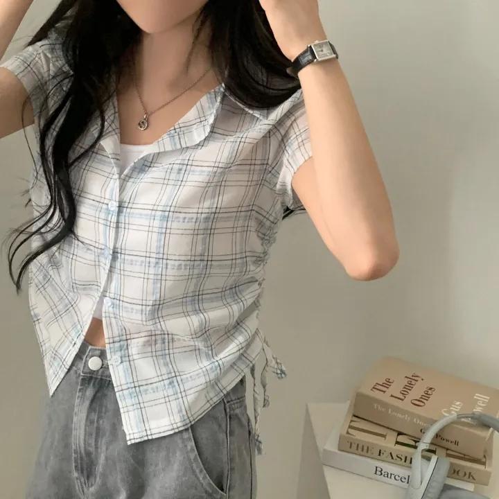 Harajuku Fashion Pleated Plaid Slim Shirt Women High Street Vintage Shirring Shirts Office Lady Chic Design Casual Tops 2026 New