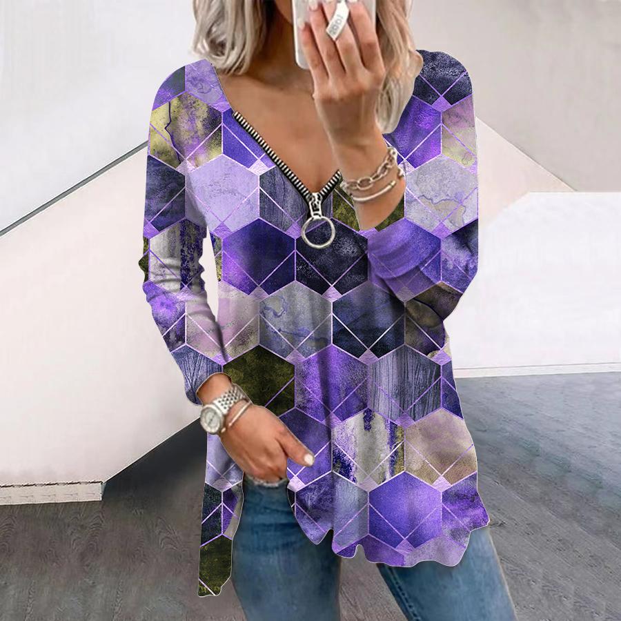 

Женские футболки с длинным рукавом с принтом с цветочным фиолетовым ромбовидным рисунком, свободные футболки с V-образным вырезом, футболки больших размеров, удобные блузки