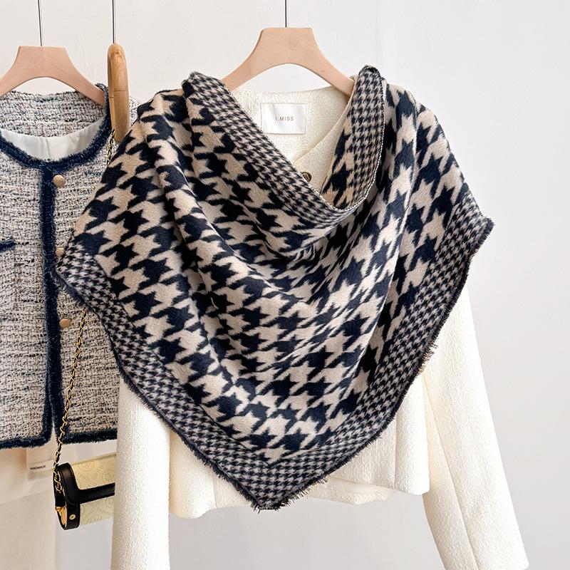 Autumn and winter bird grid imitation cashmere jacquard triangle scarf stacked shawl versatile small scarf warm multi-purpose scarf