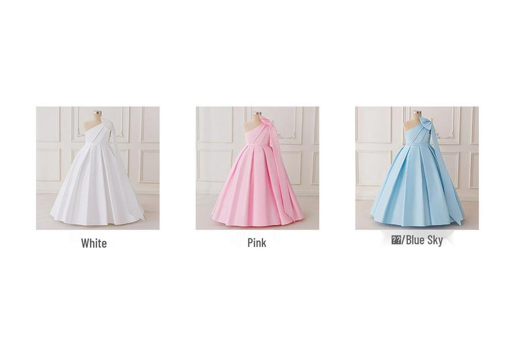 European & American One-Shoulder Kids Formal Dress with Large Bow, Satin Long Skirt for Hosting & Performances
