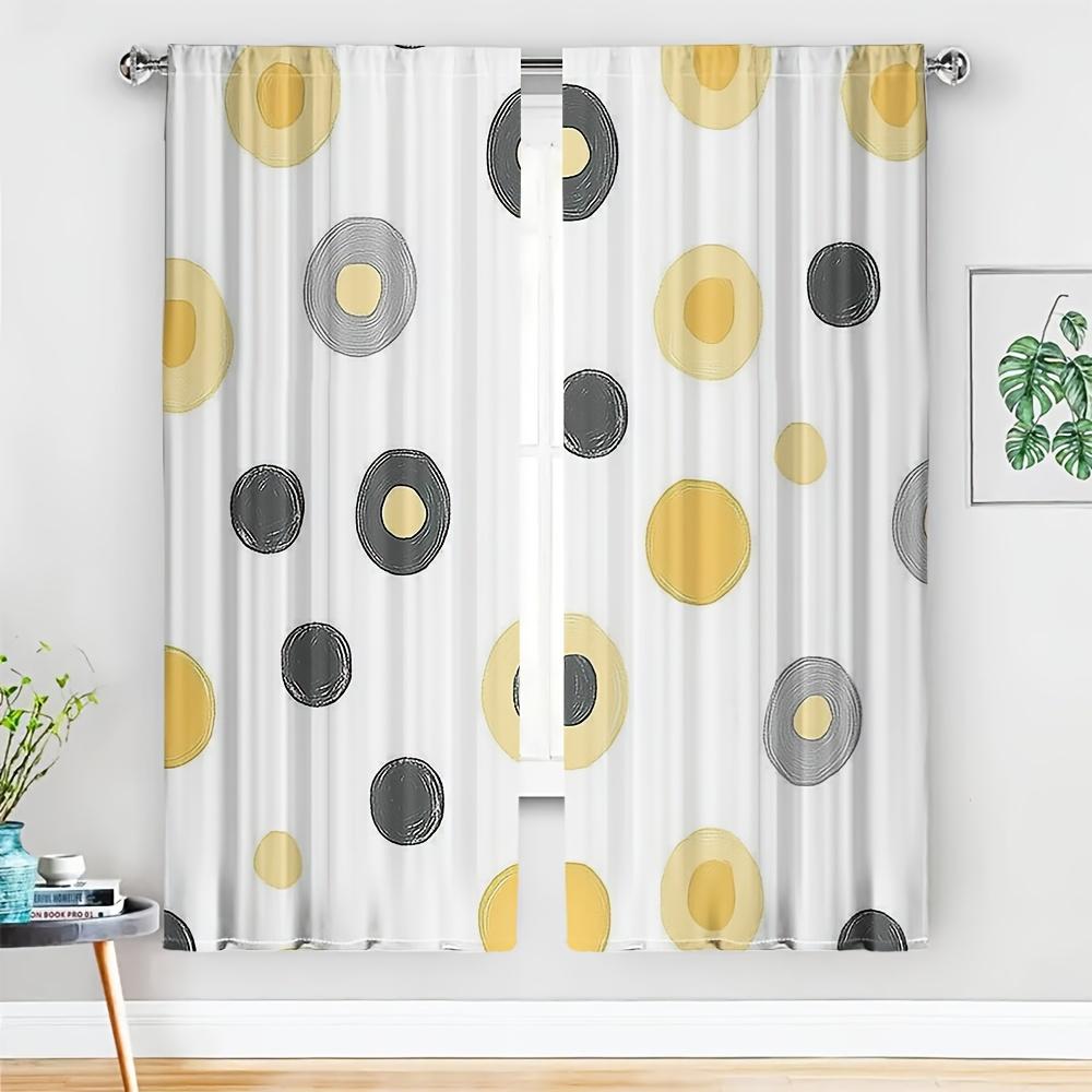 2Pcs Mid-Century Dot Curta No Rod — Mustard & Charcoal Circles On White, Light-Filtering For Living, Dining, Bedroom Doors 53x116cm 2pc21x46in