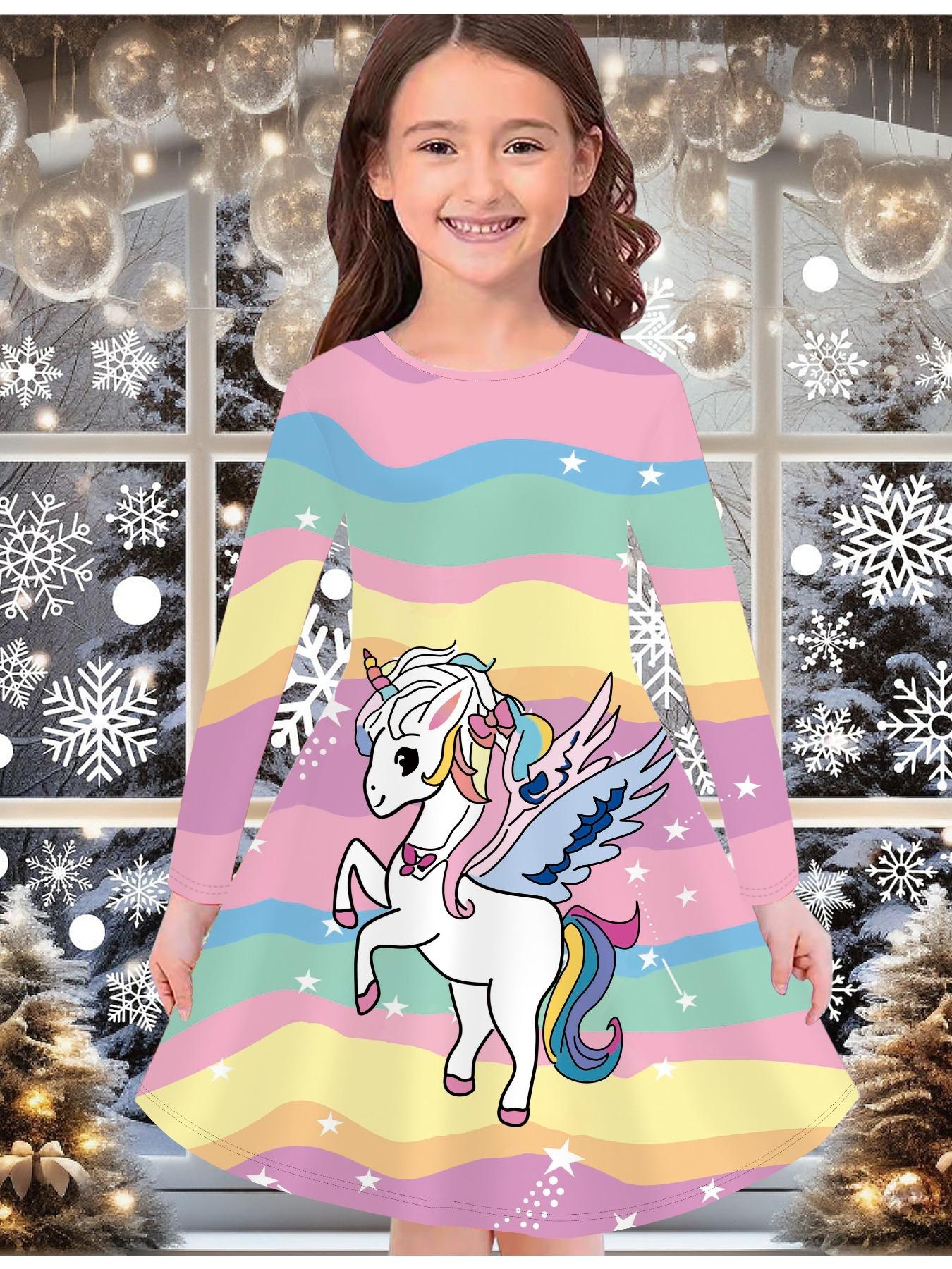 

Модное осенне-зимнее платье для девочек, с 3D принтом единорога, с круглым вырезом, длинное, детское платье-футболка, повседневное, универсальное, рождественская одежда 170 жёлтый