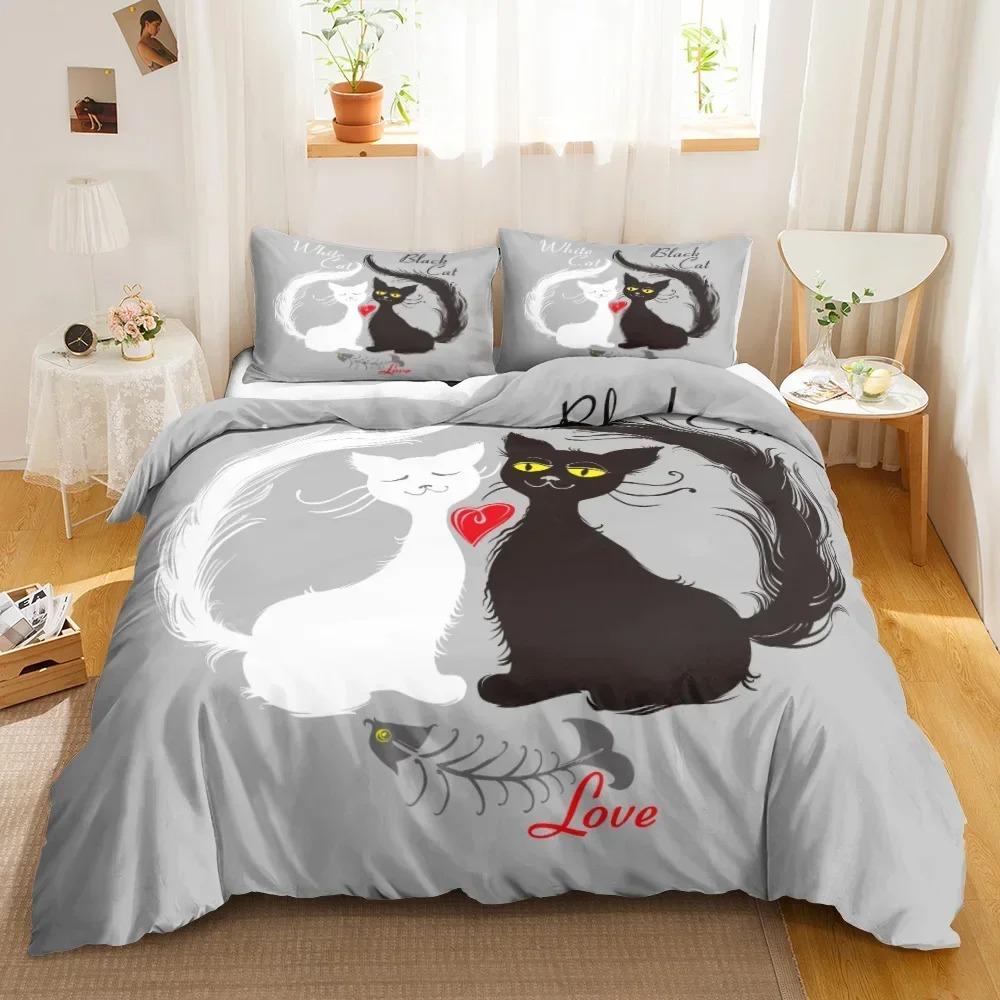 Comforter 3Pcs Single-Sided Printed Bedding Set Comforter Cartoon Cute Cat Duvet Bedding Pillows Comfortable S Beddingset