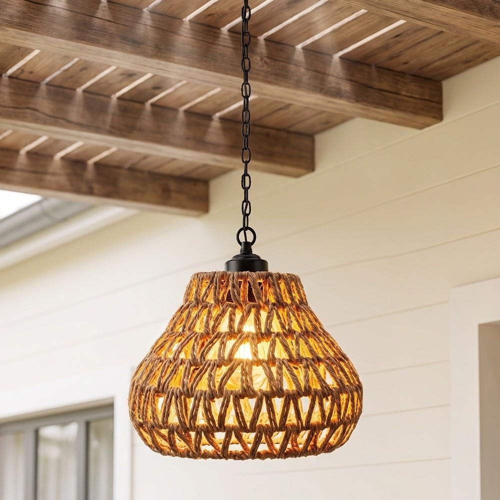 Long Iron Chain Rattan Hanging Lights Rope Woven Shade Brightness Adjustment Rechargeable Pendant Light Chandelier Fixture