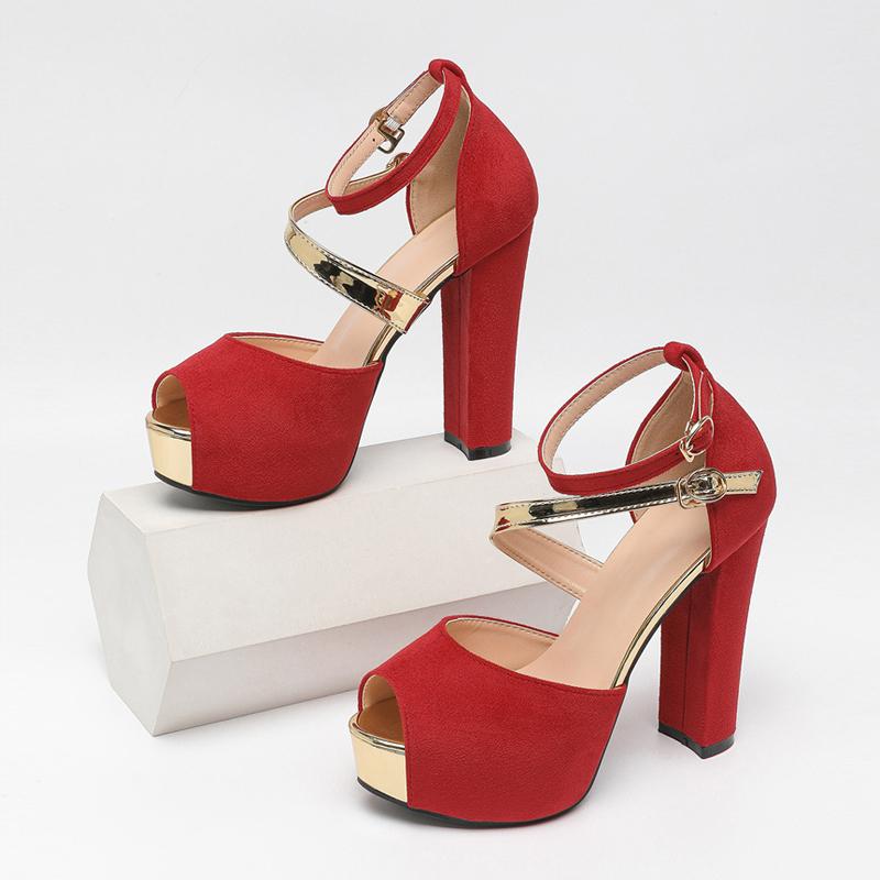 Fashion Liyke Fashion Double Buckle Strap Women Chunky Platform Sandals Sexy Thick Bottom Peep Toe 12.5CM Square High Heels Banquet Shoe