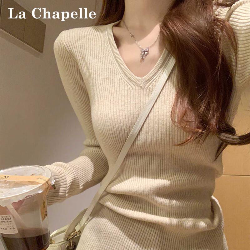 La Chapelle Women's Slim Fit V-Neck Knit Sweater