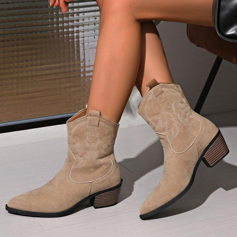 Fashion New Embroidered Pointed Toe Short Boots Shoes Autumn Chunky Heel Knight Boots Retro Slip on Western Cowboy Botas De Mujer 2025