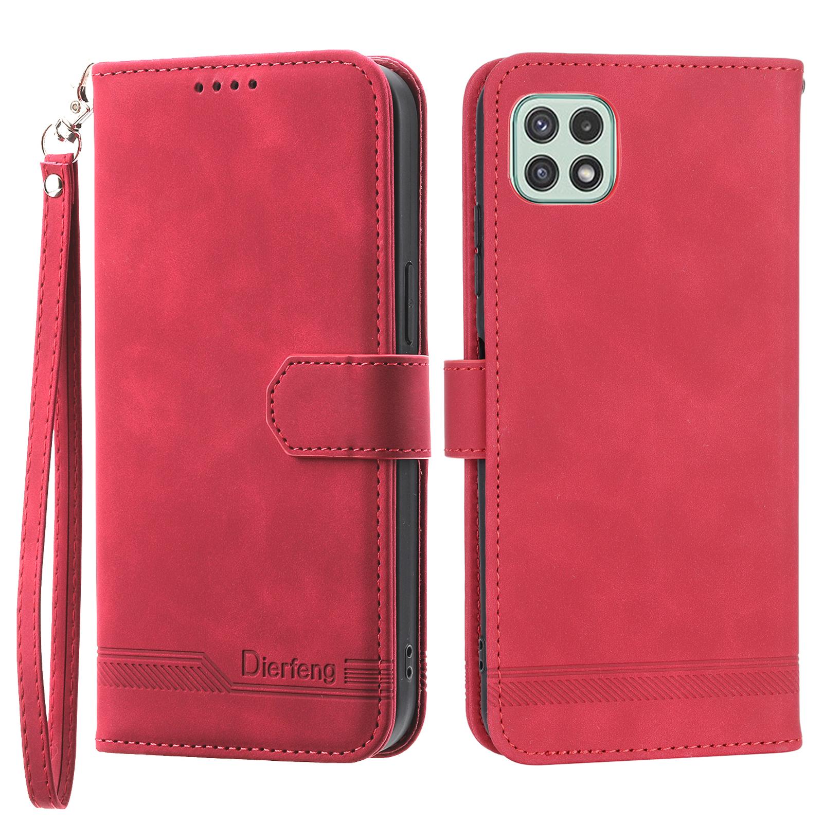 

DIERFENG DF-03 Stand Phone Case for Samsung Galaxy A22 5G (EU Version),Lines Imprinted PU Leather Wallet Cover Red