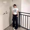 American Letter-printed Cotton Short-sleeved T-shirt Summer New Slim-fitting and Thin Spice Girl Front Shoulder Short Top