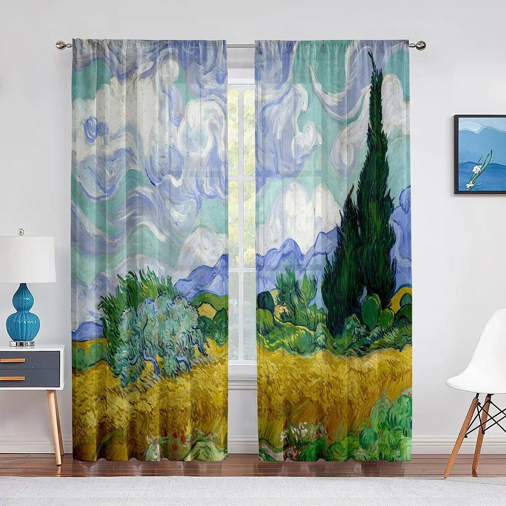 Wheat Field With Cypresses By Van Gogh Classic Art Tulle Sheer Curtains Transparent Window Curtain For Living Room Bedroom Decor