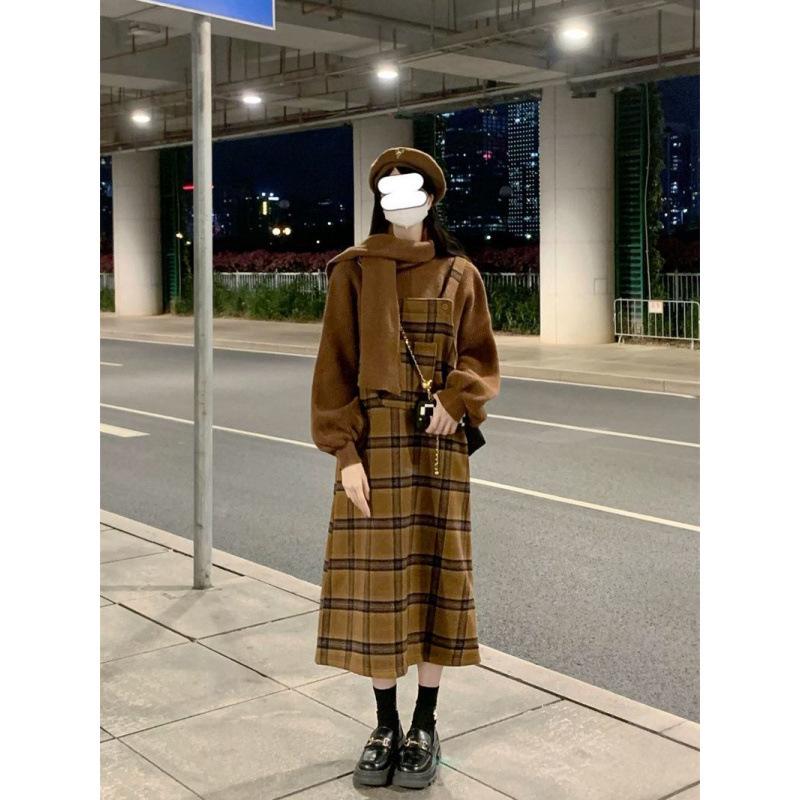 Sweet Salted Color Block Plaid Overall Dress & Long Sleeve Sweater Set for Spring/Autumn