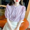 Summer 2024 Women's Embroidered Puff Sleeve Cotton Shirt - Stylish, Age-Defying & Loose Fit