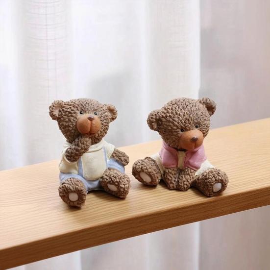 2Pcs Cartoon Couple Bear Resin Figurine, Handmade Sitting Standing Bear Statue, Vintage Animal Sculpture Table Ornament for Home, Office