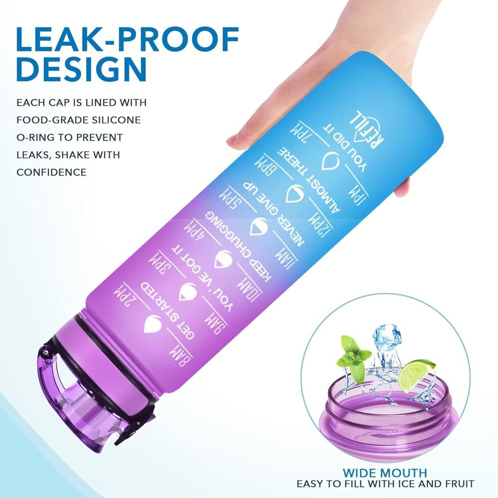 Wasserflasche mit großer Kapazität mit Trinkzeiten und Strohhalm, auslaufsicher, geeignet für Büro, Fitnessstudio, Outdoor-Sport-Wasserflasche
