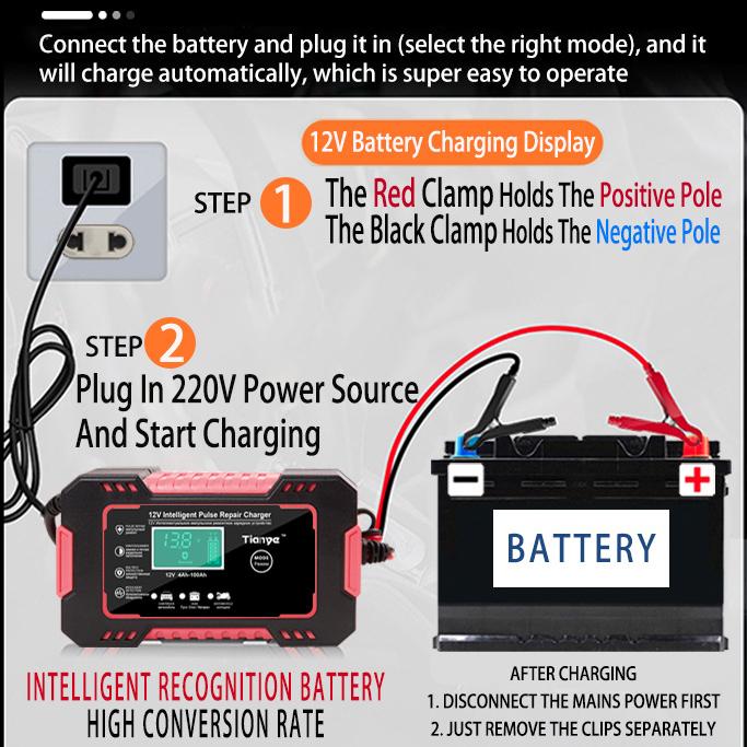 EU Plug Car Battery Charger, 12V 6A Intelligent Battery Trickle Charger Car 12V Battery Maintenance Car Truck Motorcycle Lead-acid Battery