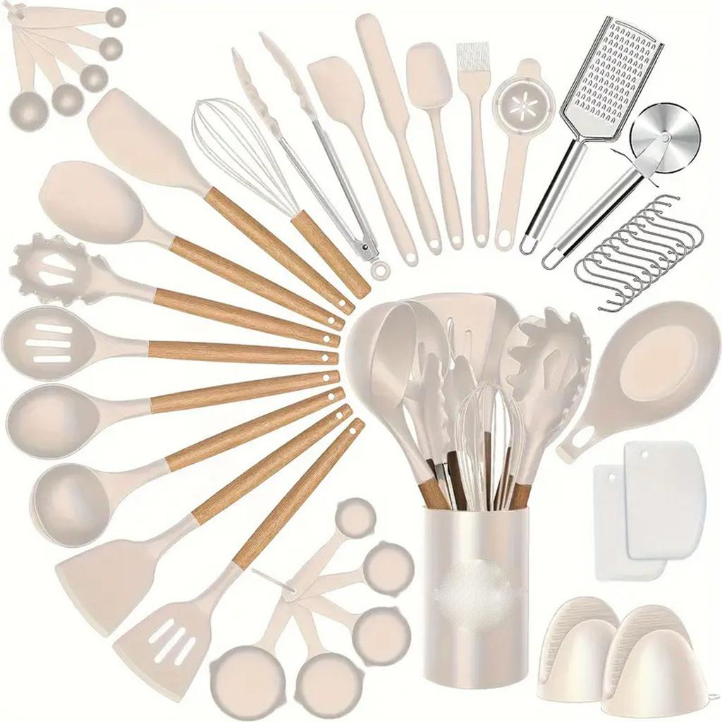 43-Piece Non-Stick Pan Storage Set, Wooden Handle Silicone Kitchenware, Easy-to-Clean Spatulas & Spoons, Complete Cooking Utensil Kit