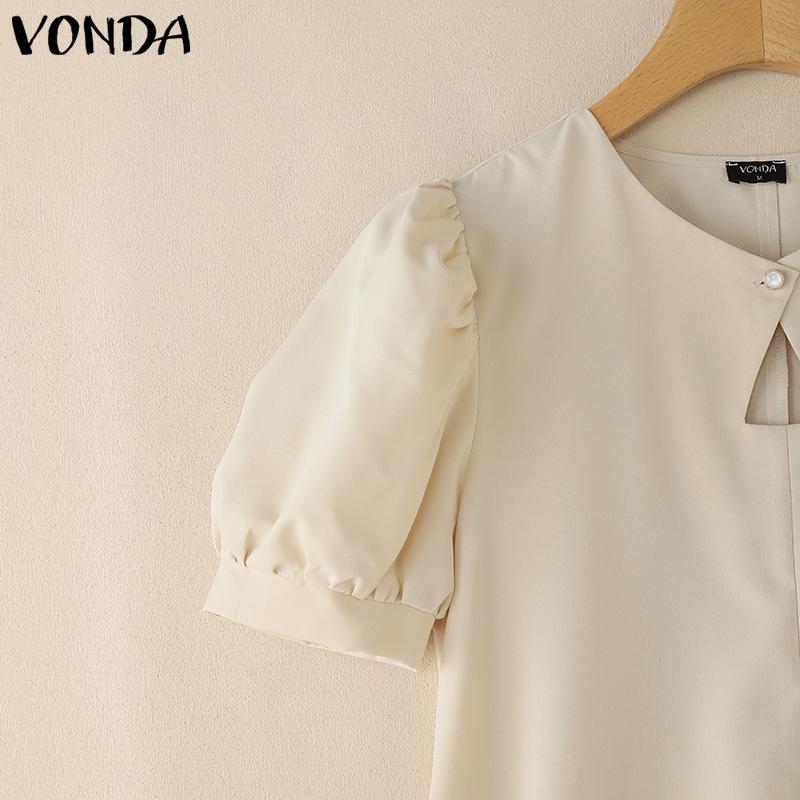 VONDA Women Elegant Puff Sleeve Solid Color Casual Mini Dress