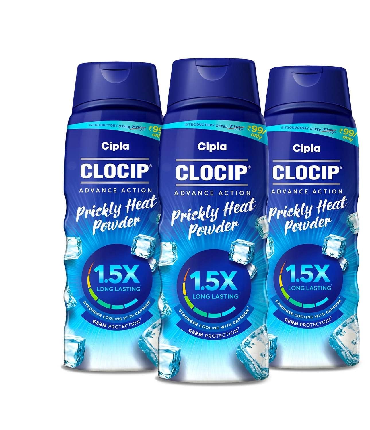 

Cipla Clocip Advance Action Prickly Heat Powder 150g Pack of 3 Sweat Control Antiperspirant