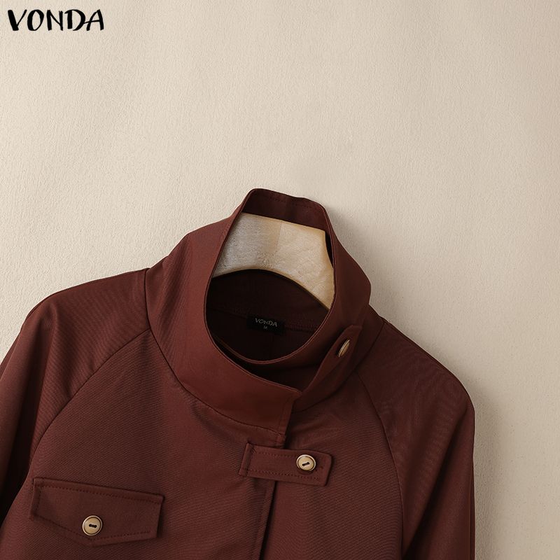 VONDA Autumn Spring Women Stand Collar Button Long Sleeve Casual Loose Short Jacket Gargo Thin Coats