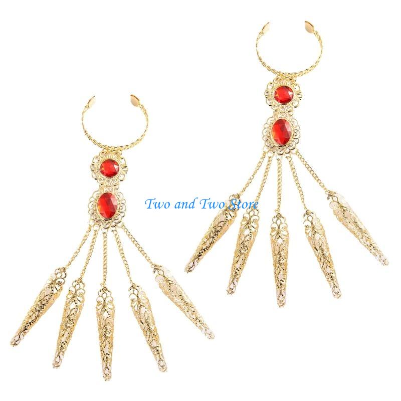 HX6F Vintage Women Girl Crystal Pave Bracelets with Long Fake Nails Ring for Dance Gold-color
