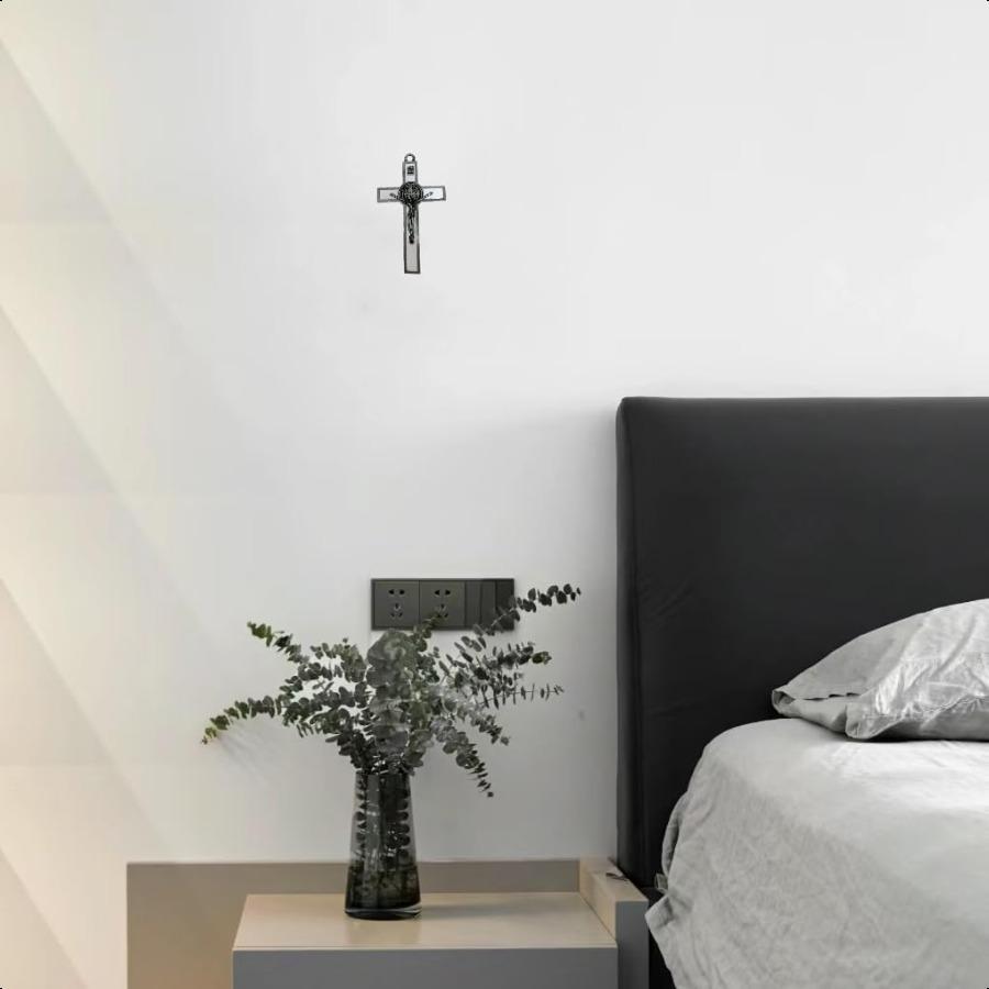 BONITTER Antique Silver Crucifix Wall CrossSt. Benedict Metal Wall Art5.0 InchX2.7 Inch Black White Brown Enamel Give Blessing