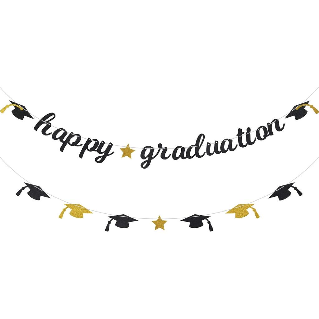 Happy Graduation Glitter Banner Graduation Congratulations Party Decorations Black Gold