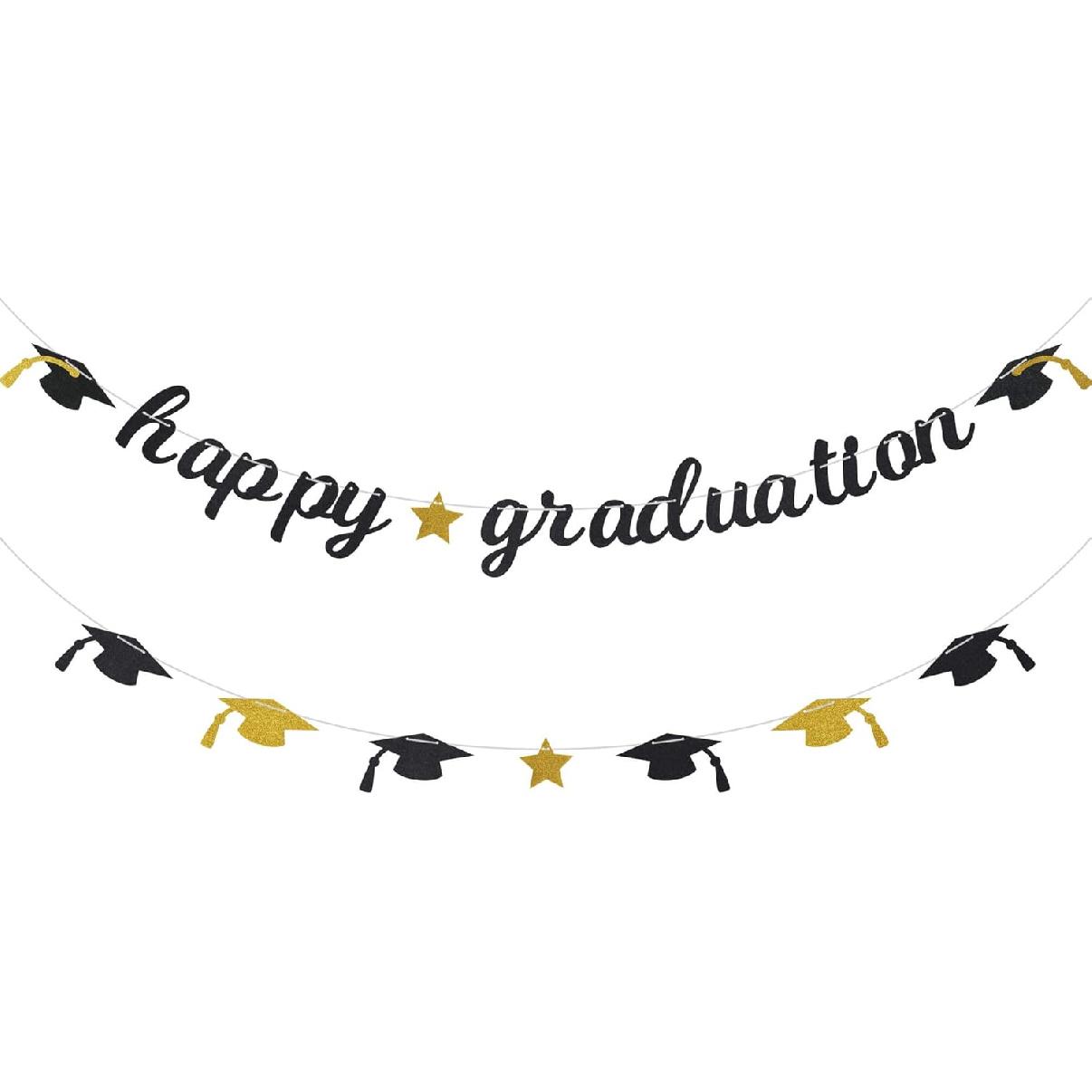 Happy Graduation Glitter Banner Graduation Congratulations Party Decorations Black Gold