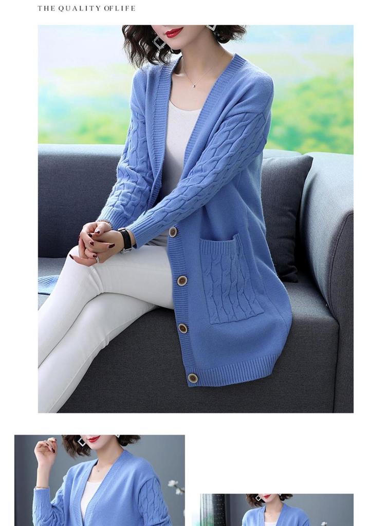 Women's Solid Color Knit Cardigan - V-Neck Mid-Length, Loose Fit Sweater for Spring & Autumn