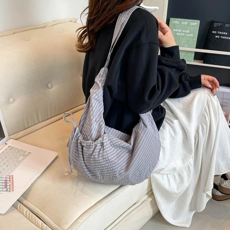 Fashi Plaid Shoulder Bag With Drawstring Design Women Outer Pocket Pleated Zipper Handbag Student Daily Commute Crossbody Bag