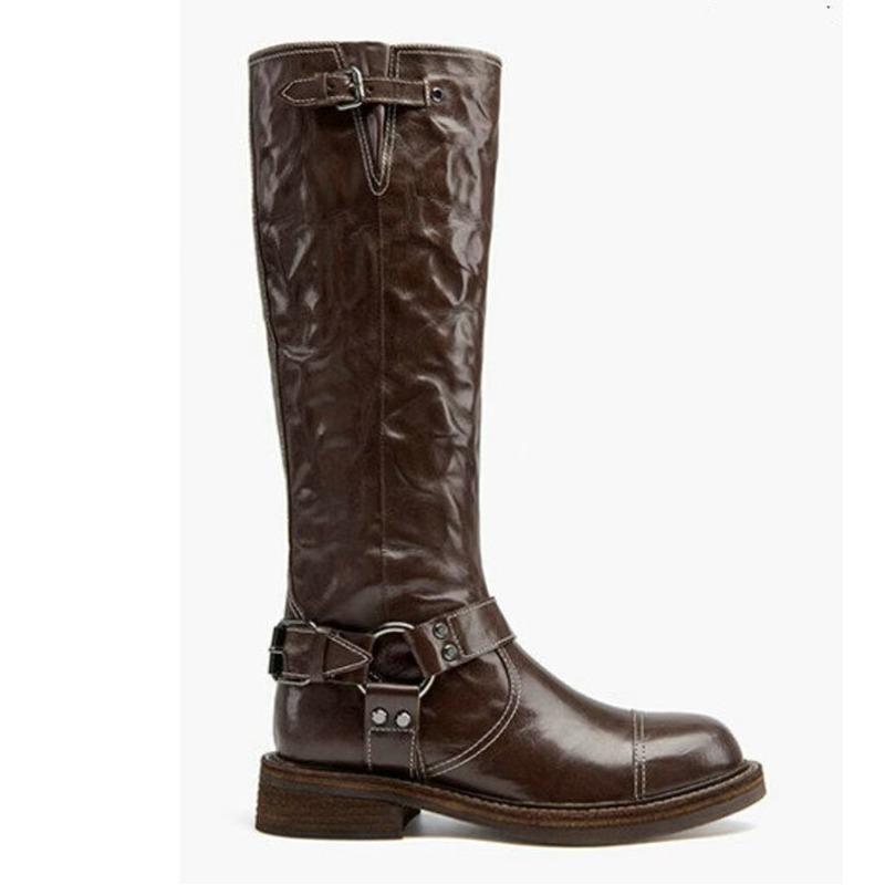 Fashion Autumn Winter Retro Belt Buckle Black Brown Low Heel Knee High Boots New Fashion Show Styles Commuting Shopping Women Shoes 43