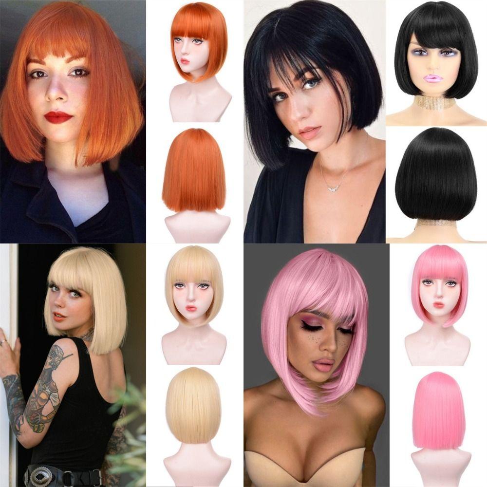 Cosplay Bob Straight Hair Wigs Harajuku Pink Black Orange Short Wigs Women Layered Wig Carnival