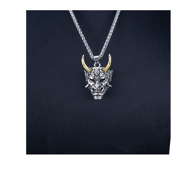Vintage Golden Horn Hannya Ghost Mask Pendant Men Long Hip Hop Sweater Necklace