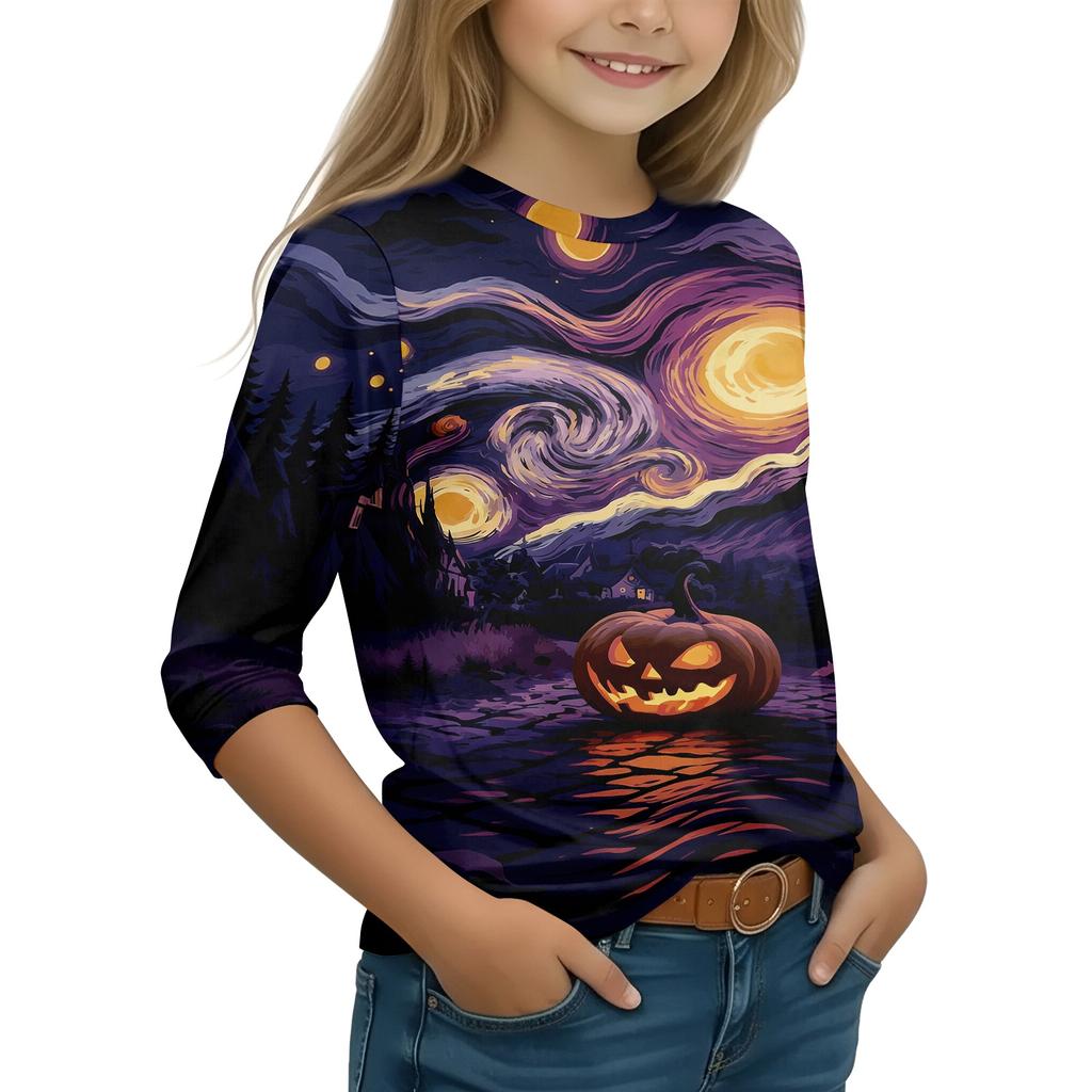 Kids Halloween Printed T-Shirt 3/4 Sleeve Round Neck Casual Top with Pumpkin Witch Design