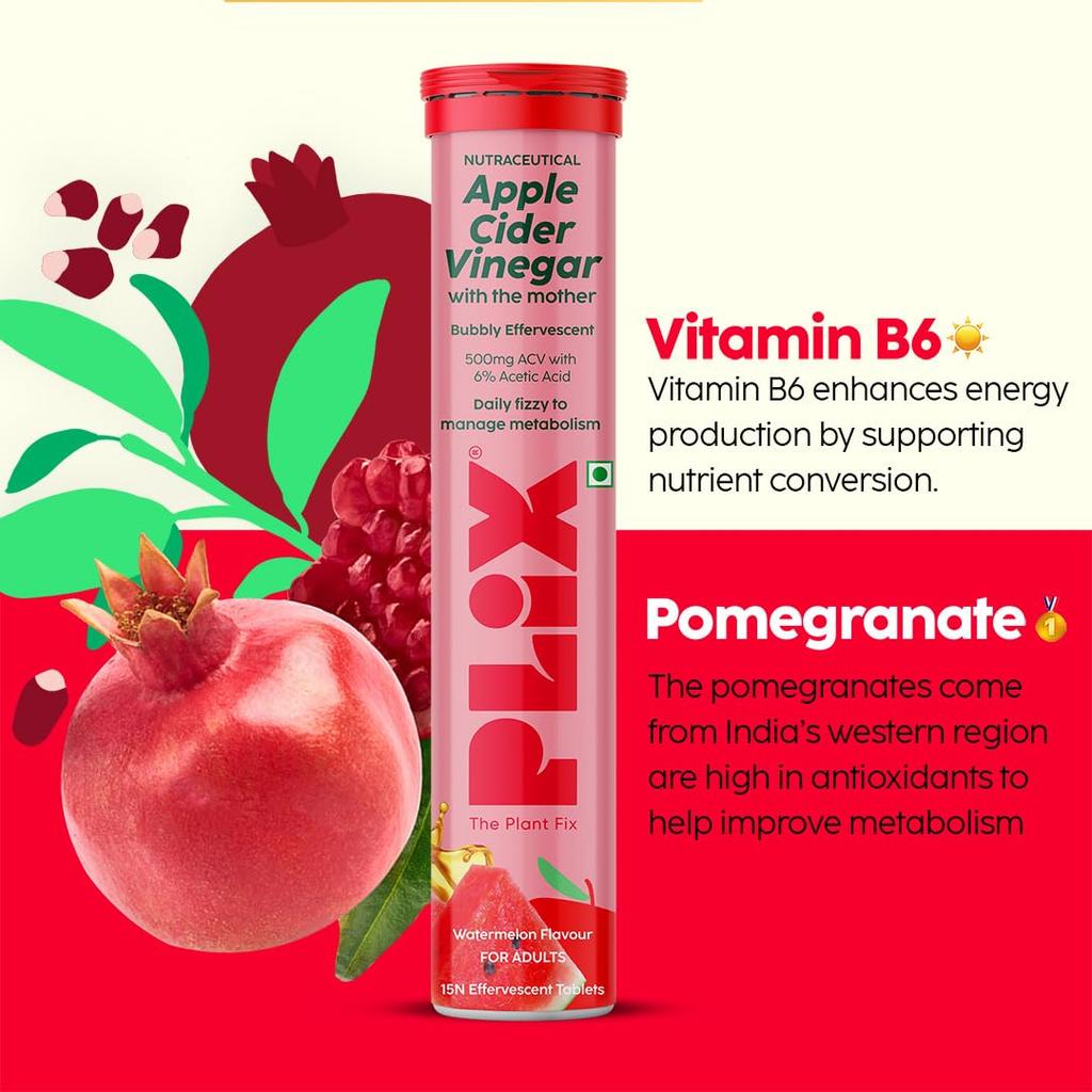 The Plant Fix Apple Cider Vinegar Effervescent Tablets With Mother Watermelon Flavor No Added Sugar 15 Tablets X Pack Of 4