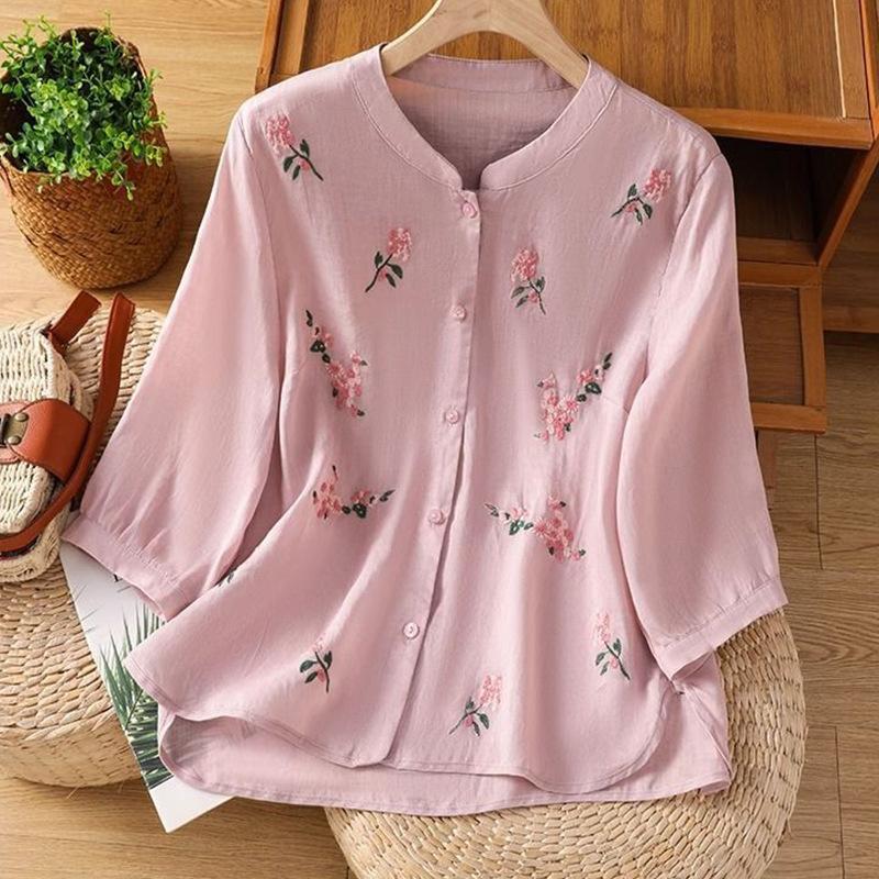 

Литературная ретро-вышивка изысканная дофаминовая одежда с короткими рукавами хлопково-льняная рубашка весна-лето новая универсальная 3XL