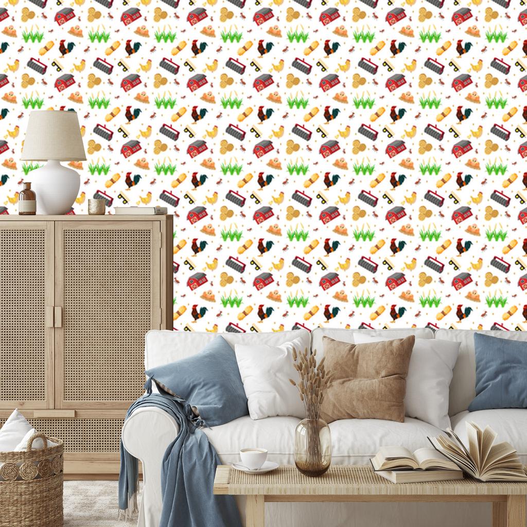 Farm Animals Wallpaper White, Cream and Red 50x1000